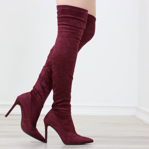 Wine Women's Thigh High Boots Faux Suede Pointed Toe Stilettos - Picture 11 of 15